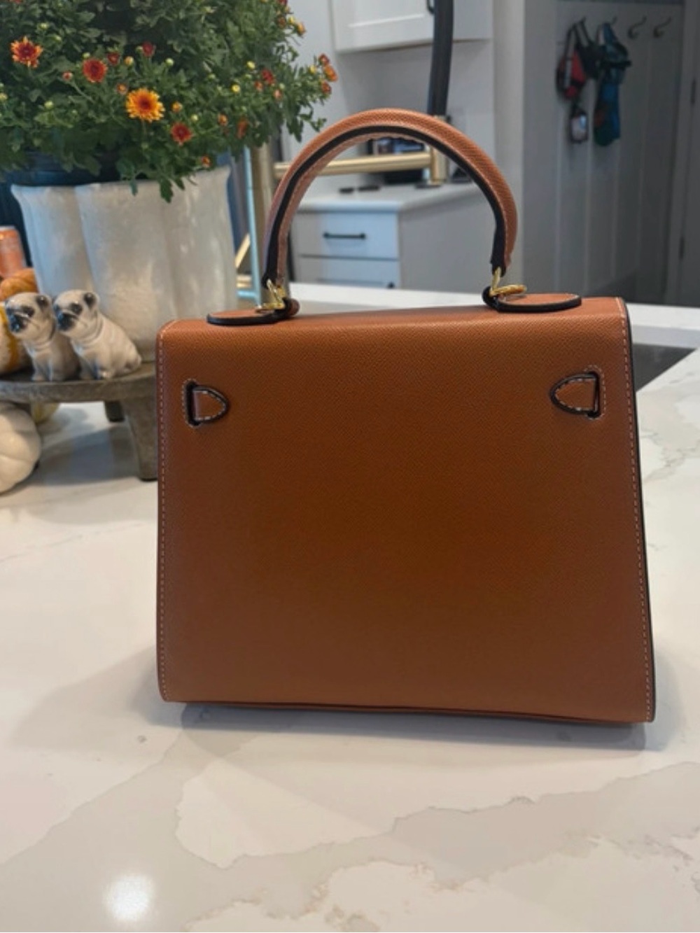 Brown Top Handle Structured Handbag with Gold Hardware - Picture 3 of 4